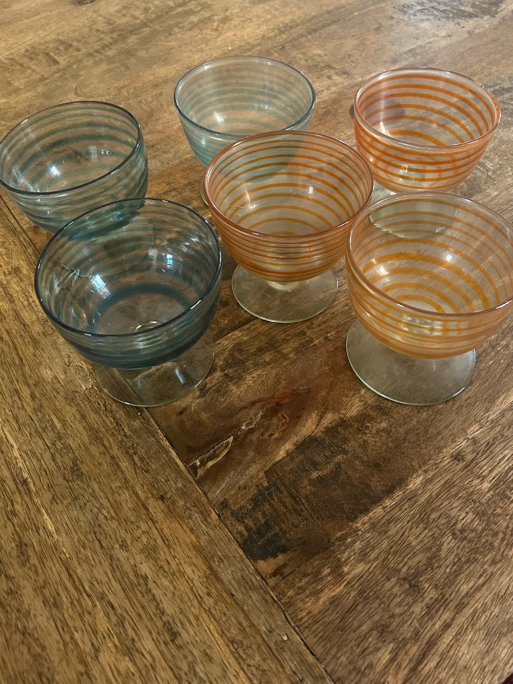 Crate and Barrel Hand-Blown Glass Dessert Cups - Set of 6 (Blue & Orange)